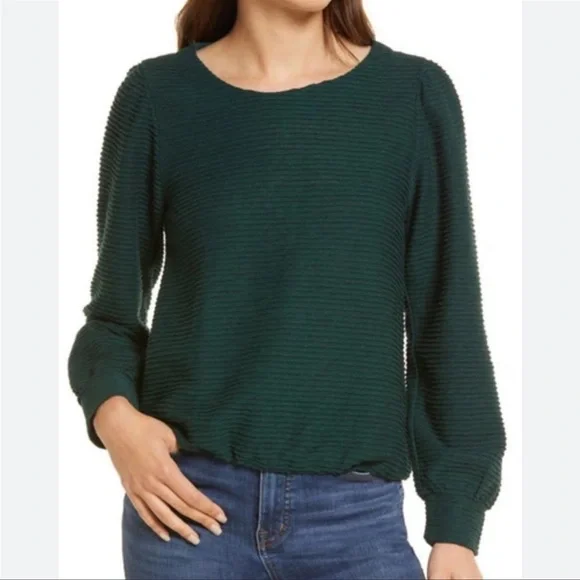 XL Madewell Ottoman Jacquard Textured Balloon Sleeve Top in Pine Green - Picture 1 of 4